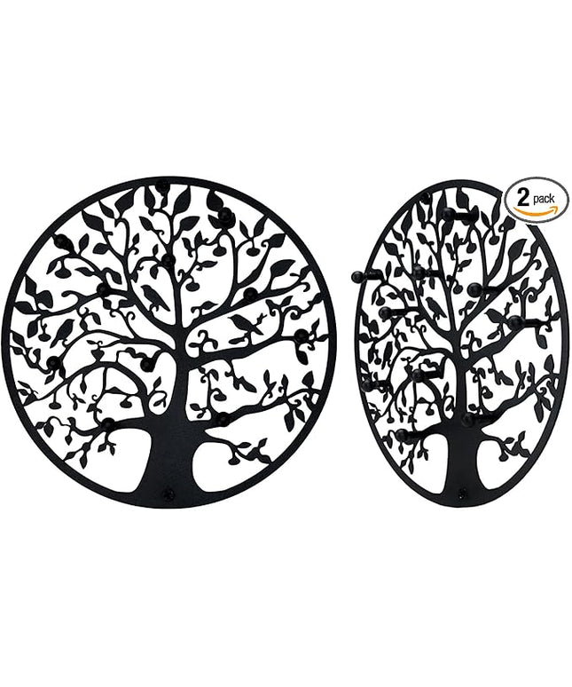 ZULONG Round Decorative Home Key Holder Wall Mount, 2 Pack Metal Tree Car Key Rack for Wall Organizer for Keys, Wallets, Hats, Used for Decor for House Entryway, Kitchen, Garage, Office (12" Black)
