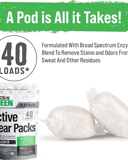 Rockin' Green Laundry Detergent Pods, Plant-based, All Natural, Vegan & Biodegradable Odor Fighter, Safe for Sensitive Skin (Unscented, Active Wear 40 Pods)
