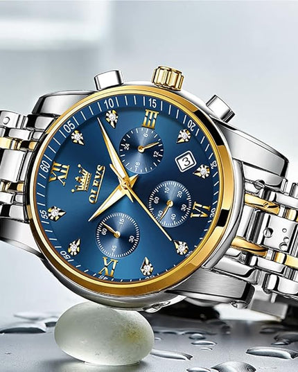 OLEVS Men's Luxury Watch Waterproof Luminous Easy Read Chronograph Watches Full Gold/White Dail/Black Face with Calendar Wristwatch