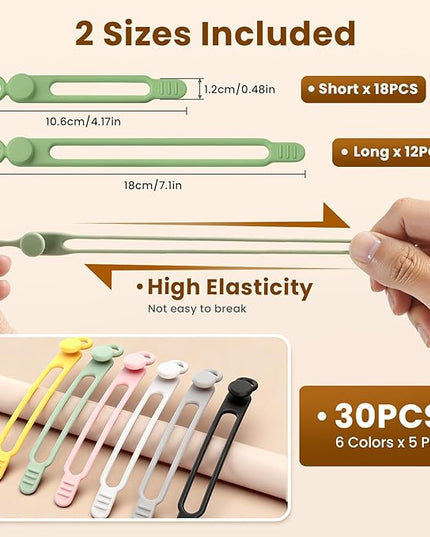 30 Pcs Silicone Cable Ties, Reusable Data Cable Organizer Wire Organizers for Office, Multipurpose Elastic Cord Wraps Cable Management for Charging Cord,Appliances,Home,Office,Kitchen,School,Travel