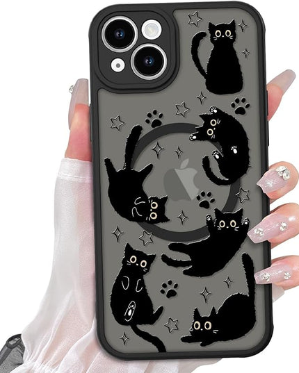 Cute Magnetic Case for iPhone 15 Plus Case [ Compatible with MagSafe ] with Black Cat Cats Pattern Design for Women Girls Boys, Soft Bumper Hard Back Kawaii Animal Protective Phone Cover