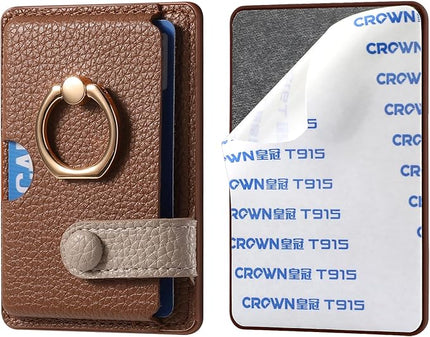 Wallet Stick on Phone Case, Credit Card Holder with Ring for Back of Phone Cases Flip Leather Wallet Sleeve Pouch Compatible with iPhone, Samsung Galaxy Android Most Smartphones Brown