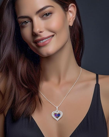 LOUISA SECRET Sparkling Double Heart Birthstone Necklaces for Women, 925 Sterling Silver Fine Jewelry, Pendant Heart Necklaces Birthday Anniversary Christmas Gift for Women Wife Mom Girlfriend Lady