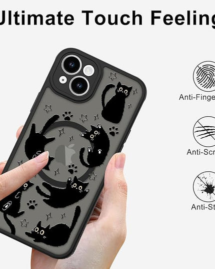 Cute Magnetic Case for iPhone 15 Case [ Compatible with MagSafe ] with Black Cat Cats Pattern Design for Women Girls Boys, Soft Bumper Hard Back Kawaii Animal Protective Phone Cover