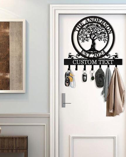 KAINSY Personalized Metal Key Holder Tree of Life - Custom Name, Key Hooks, Coat Rack, Key Hanger for Wall, Home Decor, Housewarming Gift
