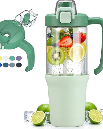 32oz Glass Water Bottle, 2-in-1 Straw and Sip Spout Lid, Leakproof Wide Mouth Tumbler with Handle, BPA-Free Reusable Bottle for Sports, Office, Outdoor, Light Green