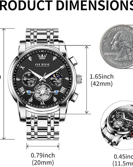 OLEVS Mens Watches Chronograph Watch Luxury Dress Stainless Steel Waterproof Watches for Men Moon Phase Luminous Business Calendar Wrist Watch Blue/Black/Green/Gold/Face