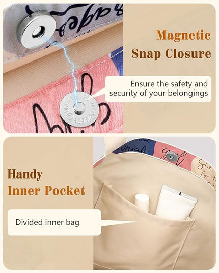 Aesthetic Cotton Tote Bag for Women - Reusable Shoulder Bag with Buckle Fabric Bag for Gym, Travel, Work
