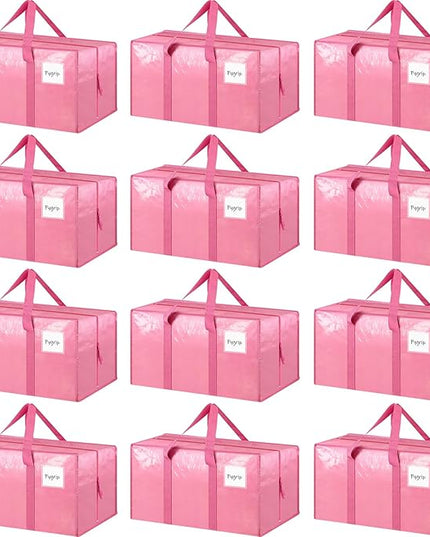 12 Pack Extra Heavy Duty Large Moving Bags with Strong Zipper & Comfortable Handles, Sturdy & Durable Clothes Storage Bags Totes Bins, Packing Moving Boxes for College Supplies, Pink