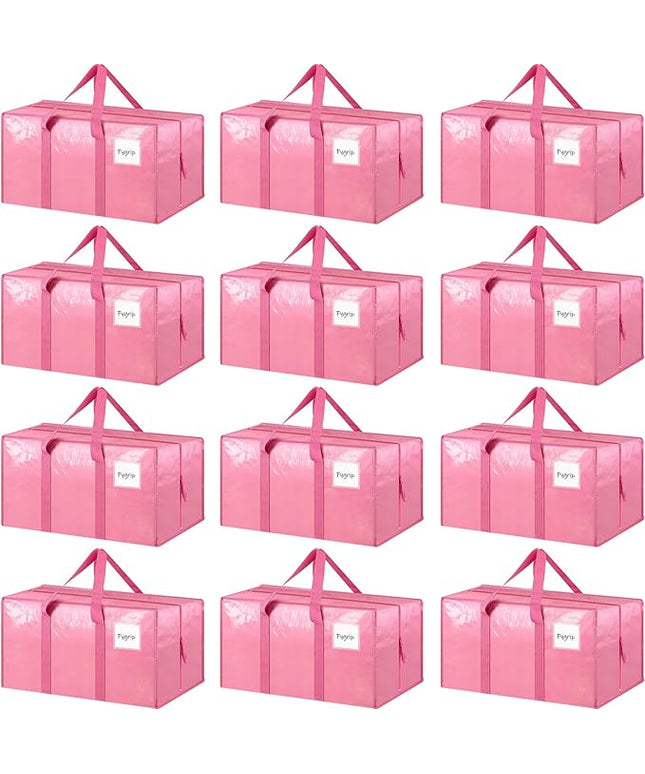 12 Pack Extra Heavy Duty Large Moving Bags with Strong Zipper & Comfortable Handles, Sturdy & Durable Clothes Storage Bags Totes Bins, Packing Moving Boxes for College Supplies, Pink