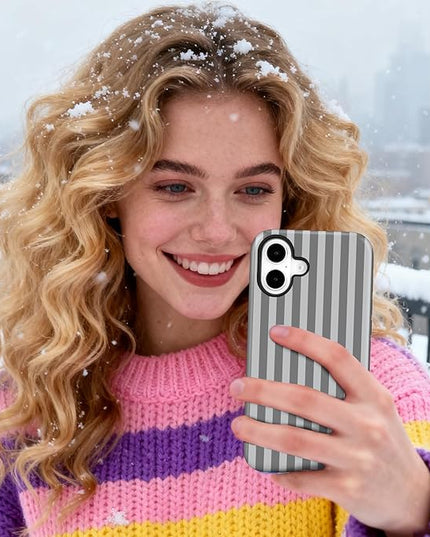 Magnetic for iPhone 16 Case Cute Stripes Phone Case, Shockproof Slim TPU and Hard PC Protective Phone Cover Compatible with MagSafe Designed for Women Girls, Gray