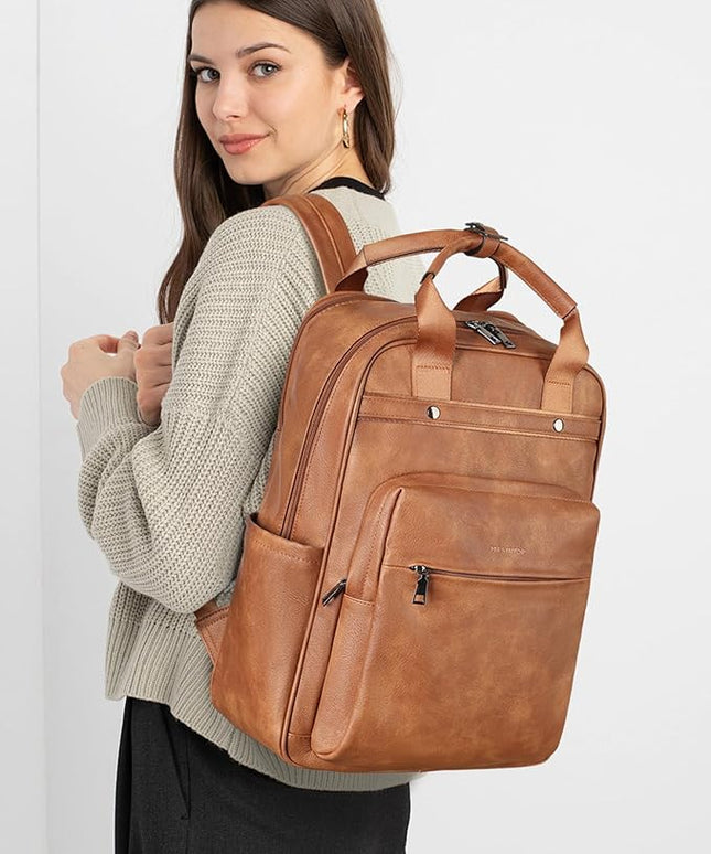 MASINTOR Leather Laptop Backpack for Women, Stylish Computer Backpack College Business Work Shoulder Bags Work and Travel Mocha Brown