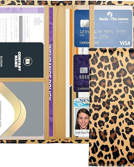 Car Registration and Insurance Holder with Magnetic Closure, Universal Document Organizer for License, Insurance Cards & Glove Box Storage (Leopard-Brown)
