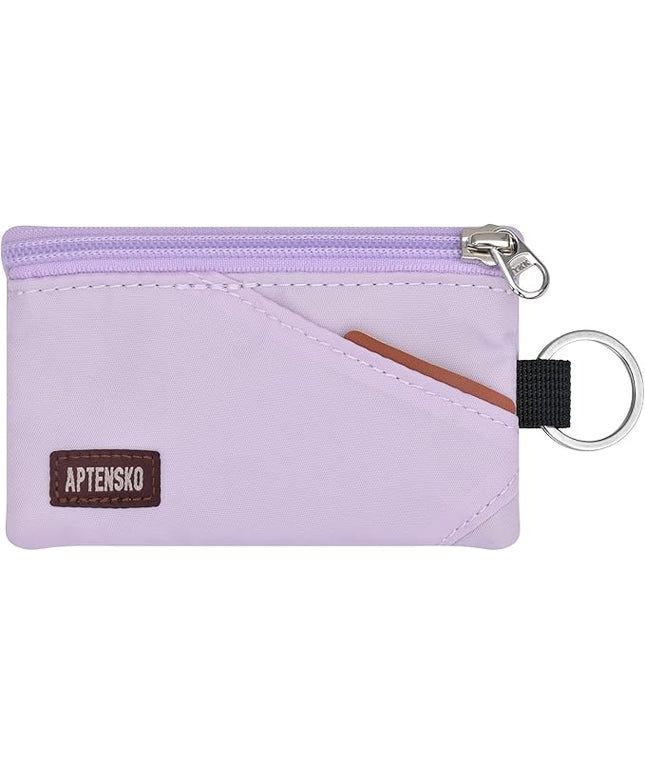 RFID Travel Wallet with Adjustable Lanyard-Zipper Small Wallet with ID Card Holder, Keychain for women&men-Minimalist Slim Waterproof Nylon case for ID, Cash, Key (Soft Lilac)