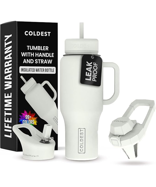 Coldest Tumbler with Handle and Straw - 100% Leak Proof Insulated Tumbler with Lid and Straw (3 Lids) - Stainless Steel Tumblers for Women & Men - Cup Holder Friendly Base, 36 oz (Margarita)
