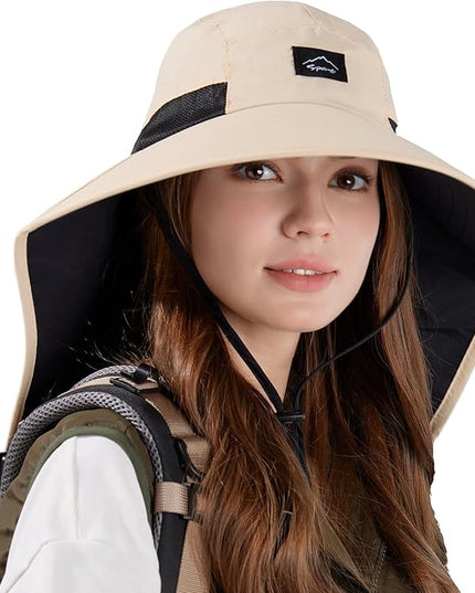 Rosoz Outdoor Sun Hat for Men Women, UPF50+ Protection Safari Cap Wide Brim Mesh Fishing Hat with Neck Flap Beach Garden