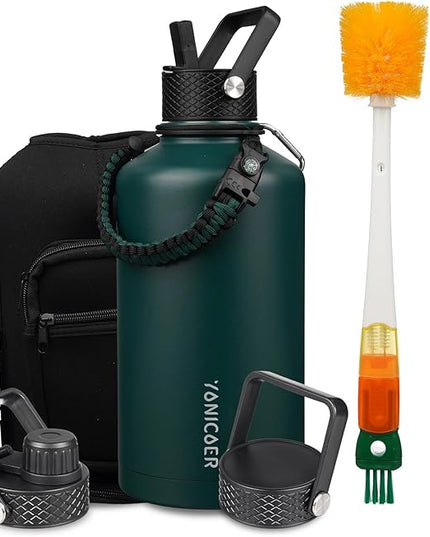 Insulated Water Bottle 87oz,Triple Wall Vacuum Stainless Steel(Dishwasher Safe),Leak Proof & Non-BPA,Flask Jug with Paracord Handle & Straw Spout Lids Sports Green