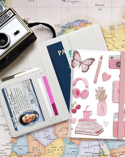 PU Leather Passport Holder Cover 5.9×4.3 Inch with Credit Card Slot and Boarding Pass Slot Combo Blocking Passport Holder Wallet Cover Case for Travel Boarding Essentials (Pink)