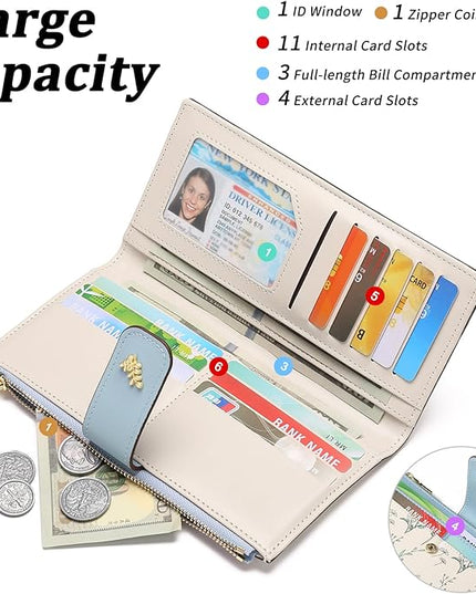 GAEKEAO Womens Wallet Slim Thin RFID Blocking Floral Vegan Leather Card Holder Bifold Long Ladies Wallet with Zipper Pocket