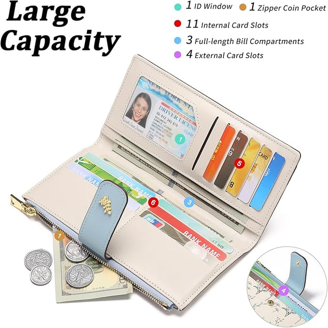 GAEKEAO Womens Wallet Slim Thin RFID Blocking Floral Vegan Leather Card Holder Bifold Long Ladies Wallet with Zipper Pocket