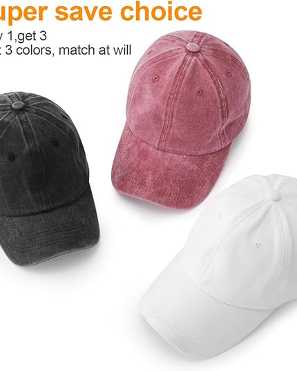 MEINICY 3 Packs Washed-Cotton Plain Baseball Cap, Vintage Adjustable Dad Hats Gift for Men/Women,Unstructured