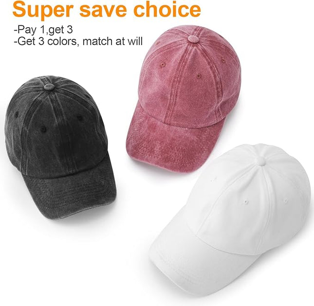 MEINICY 3 Packs Washed-Cotton Plain Baseball Cap, Vintage Adjustable Dad Hats Gift for Men/Women,Unstructured