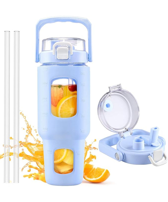 BLUEGO 40oz Glass Tumbler with Lid and Straw, Glass Water Bottles with Handle, Glass Cup with Time Marker and Silicone Sleeve, Fits Most Cup Holder, Leak-proof, Blue