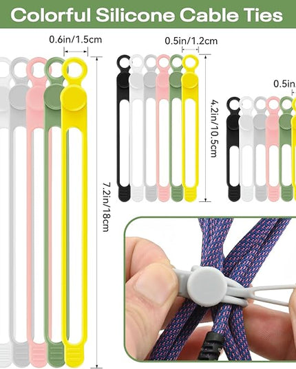 Silicone Cable Ties Reusable, Elastic Wire Organizer Ties, for Charging Cables, Electrical Cords, Computer Wires, USB Data Cable Management, Cord Organizer (6 Colors, 3 Sizes)