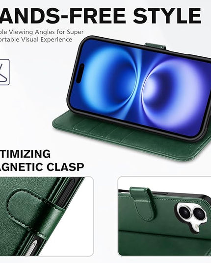 TUCCH Case Wallet for iPhone 16, Protective [TPU Shockproof Inner Shell], Kickstand PU Leather RFID Blocking [4 Card Holder] Magnetic Closure Cover Compatible with iPhone 16 5G, Green