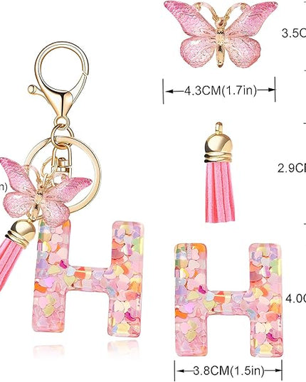 Fashion Alphabet Initial Letter Keychain Tassel Butterfly Pendant Key Ring for Purse Handbags Women Girl