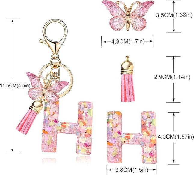 Fashion Alphabet Initial Letter Keychain Tassel Butterfly Pendant Key Ring for Purse Handbags Women Girl