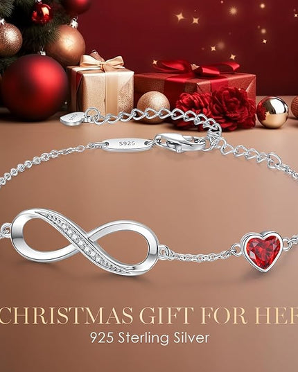 CDE Valentine's Day Gift Infinity Heart Birthstone Charm Link Bracelet for Women 925 Sterling Silver Adjustable Mother's Day Christmas Day Gift Anniversary Birthday Jewelry for Wife Girlfriend Her