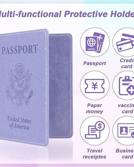 Passport Holder for Travel, 2 PCS Passport Holder, Travel Passport Holders Must Haves for Women Men, Passport Cover Passport Wallet Case Holders for Travels Cruise Ship Essentials, Purple & Lake Blue