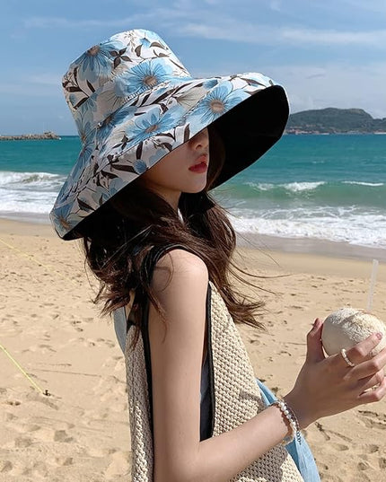 HUAMULAN Women Summer Sun Hat Wide Brim Wired Edge Floral Beach Bucket Hats Reversible Foldable Travel UV Protection Lady Hat