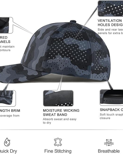 VOBOOM Men Quick Dry Baseball Cap Laser Cut Mesh Ball Curved Brim Snapback Hat