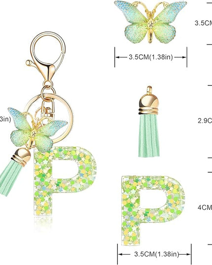 Fashion Alphabet Initial Letter Keychain Tassel Butterfly Pendant Key Ring for Purse Handbags Women Girl