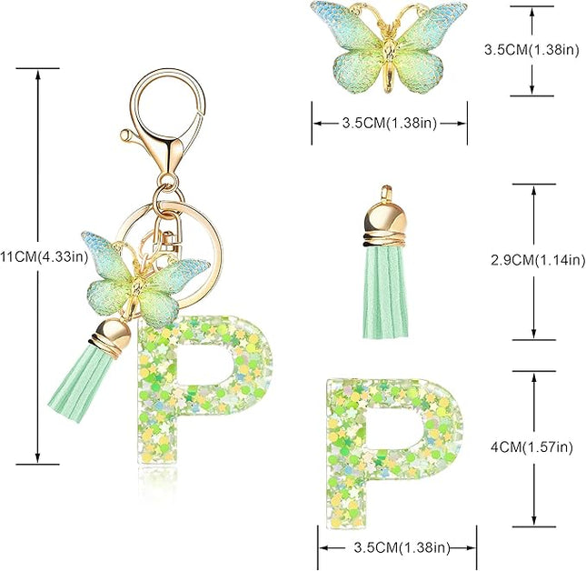 Fashion Alphabet Initial Letter Keychain Tassel Butterfly Pendant Key Ring for Purse Handbags Women Girl