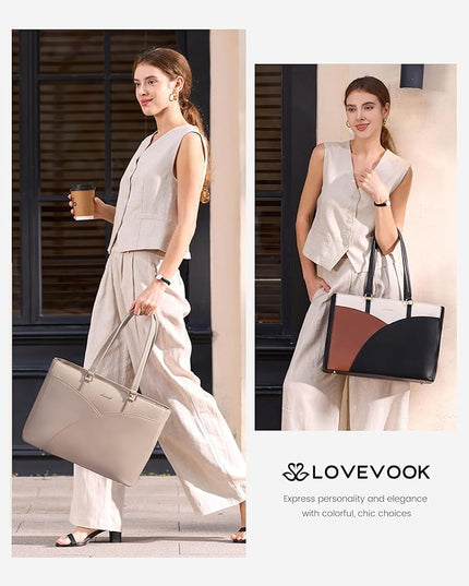 LOVEVOOK Laptop Bag for Women,15.6 Inch Work Teacher Bags Leather Tote Bag Briefcase Waterproof Computer Bag for Women,Nude