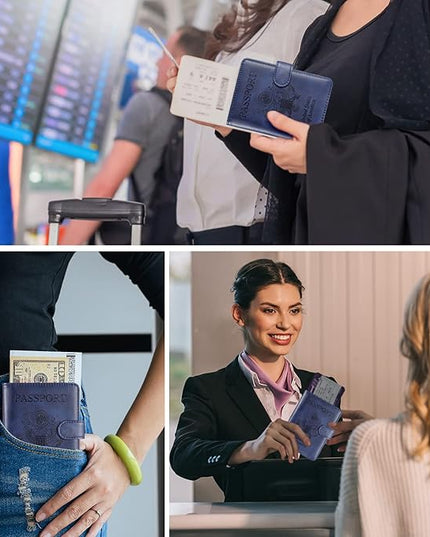 RSAquar Passport Holder for Women and Men, Premium PU Leather Travel Passport Wallet RFID Blocking Passport Cover Travel Documents Organizer with Pen Holder, Blue