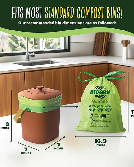 2.6-3 Gallon Compostable Trash Bags Drawstring 50 Bags Extra Thick 1 Mil 11.36 Liter Small Biodegradable Trash Bags for Kitchen Countertop Bin ASTM D6400, US BPI and OK Compost Home Certified