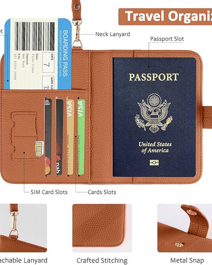 Passport Holder RFID Protected Wallet and Luggage Tag with Protection Cover Travel Accessories Leather Card Case Organizer for Women Men (Brown)
