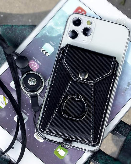 Cell Phone Card Holder,Card Holder for Back of Cell Phone with Ring Grip Stand,Adhesive Stick-on Credit Card Wallet Pocket with Detachable Neck Strap Black