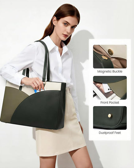 LOVEVOOK Laptop Bag for Women,17.3Inch Work Teacher Bags Leather Tote Bag Briefcase Waterproof Computer Bag for Women，White and Green