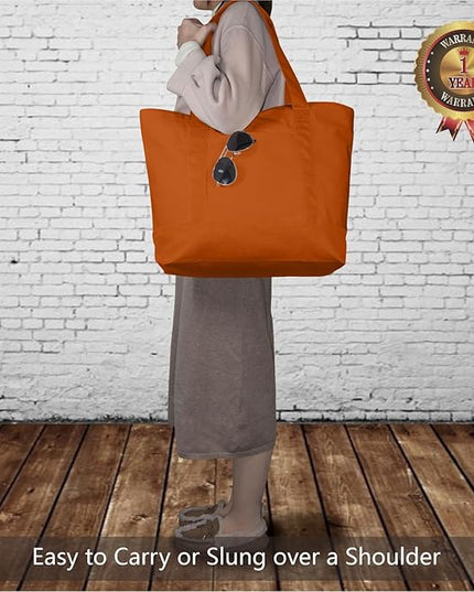 TOPDesign 1-Pack Canvas Tote Bags with an External Pocket, Reusable Grocery Shopping Bags, Top Zipper Closure, Daily Essentials (Orange)