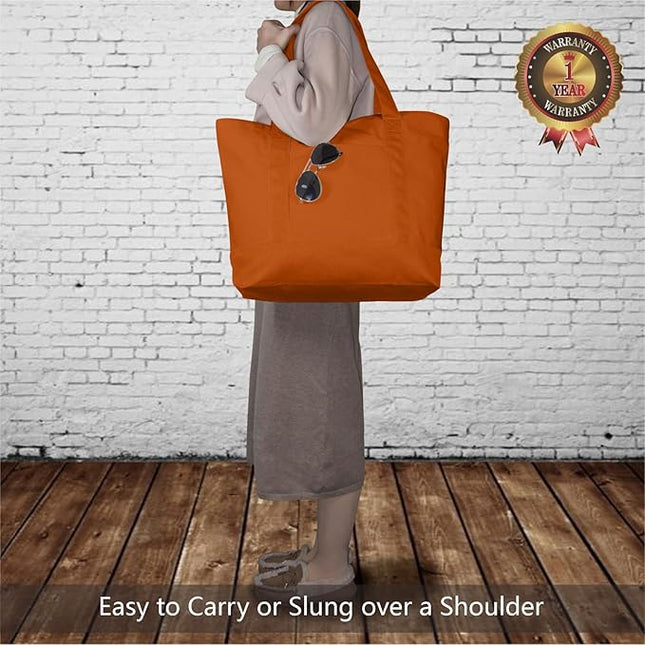 TOPDesign 3-Pack Canvas Tote Bags with an External Pocket, Reusable Grocery Shopping Bags, Top Zipper Closure, Daily Essentials (Orange)