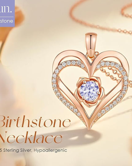 CDE Christmas Gifts for Women S925 Silver Rose Gold Heart Birthstone Necklaces for Women，Ideal Anniversary or Birthday Jewelry Gifts for Wife Girlfriend Her
