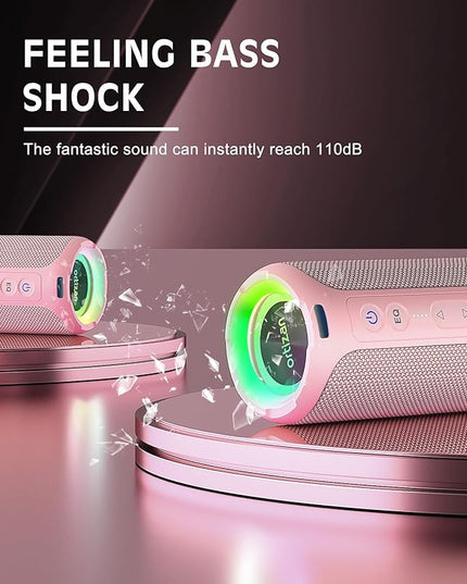 Ortizan Bluetooth Speakers, Portable Wireless Stereo Speaker - IPX7 Waterproof, 30W RMS(40W Peak) Loud Sound, Deep Bass, LED Light, Bluetooth 5.3, for Home/Shower/Outdoor/Beach, Gifts for Adult, Pink