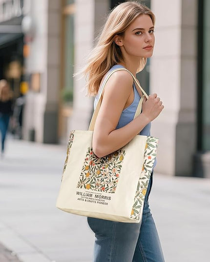 BROADREAM Aesthetic Canvas Tote Bag for Women, Vintage Reusable Book Tote Bag with Inner Zipper Pocket