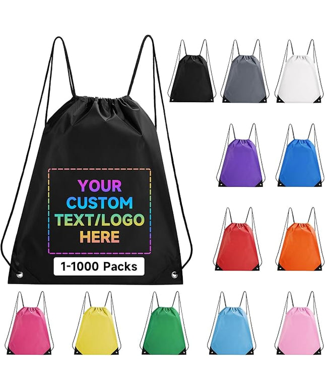 Custom Drawstring Backpacks With Your Logo, 200 Pack Personalized Text Drawstring Bags String Bag Bulk, Great for Travelling, Gym and for Everyday Use (Black)