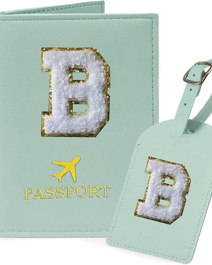 COSHAYSOO Green Initial Passport Cover and Luggage Tag Set TSA Approved with Chenille Letter Patch for Women Teenage Girls, 2 Pcs Double Passport Holder Best Bag Suitcase Identifier (B)